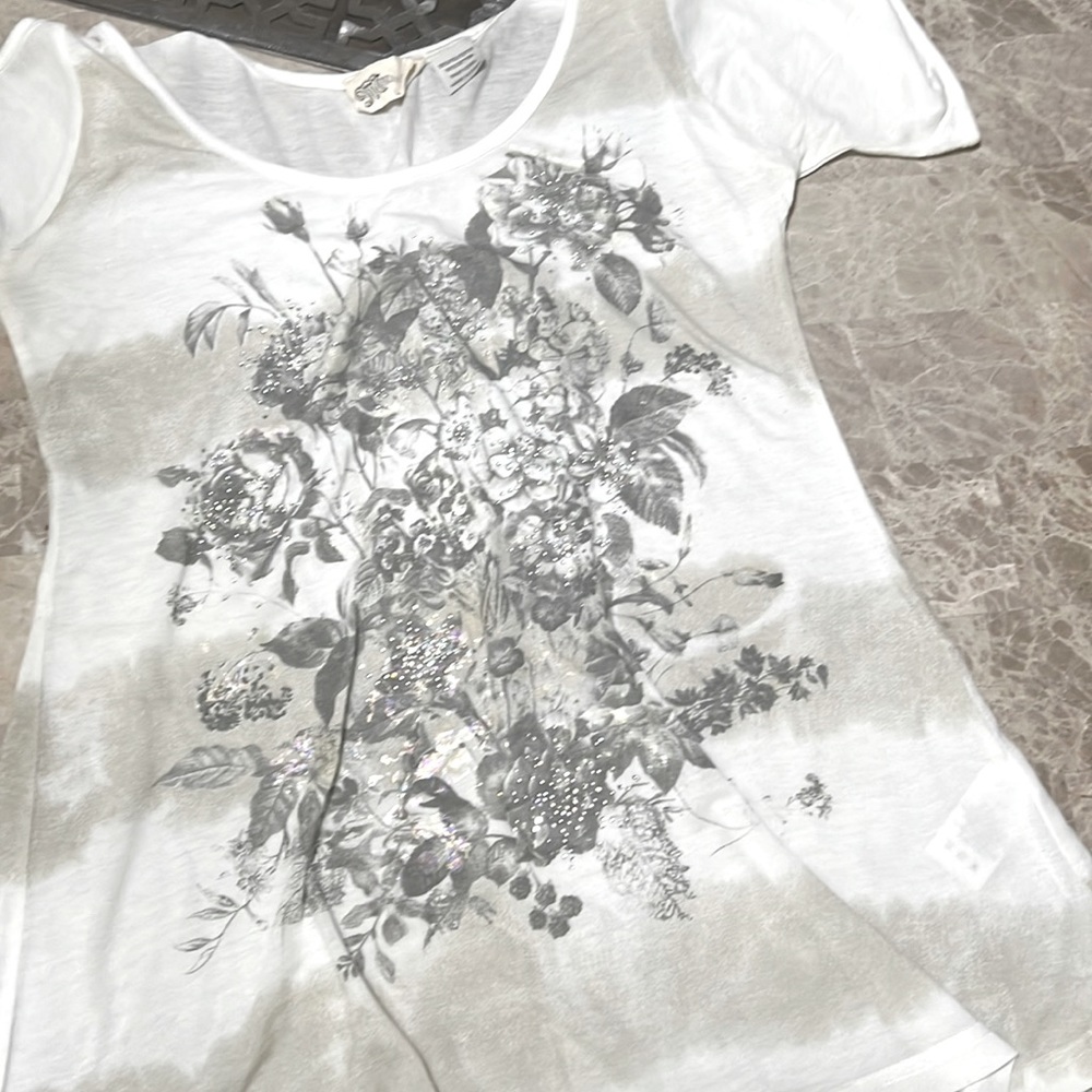 Miss me size large top tan and grey with crystal embellishments